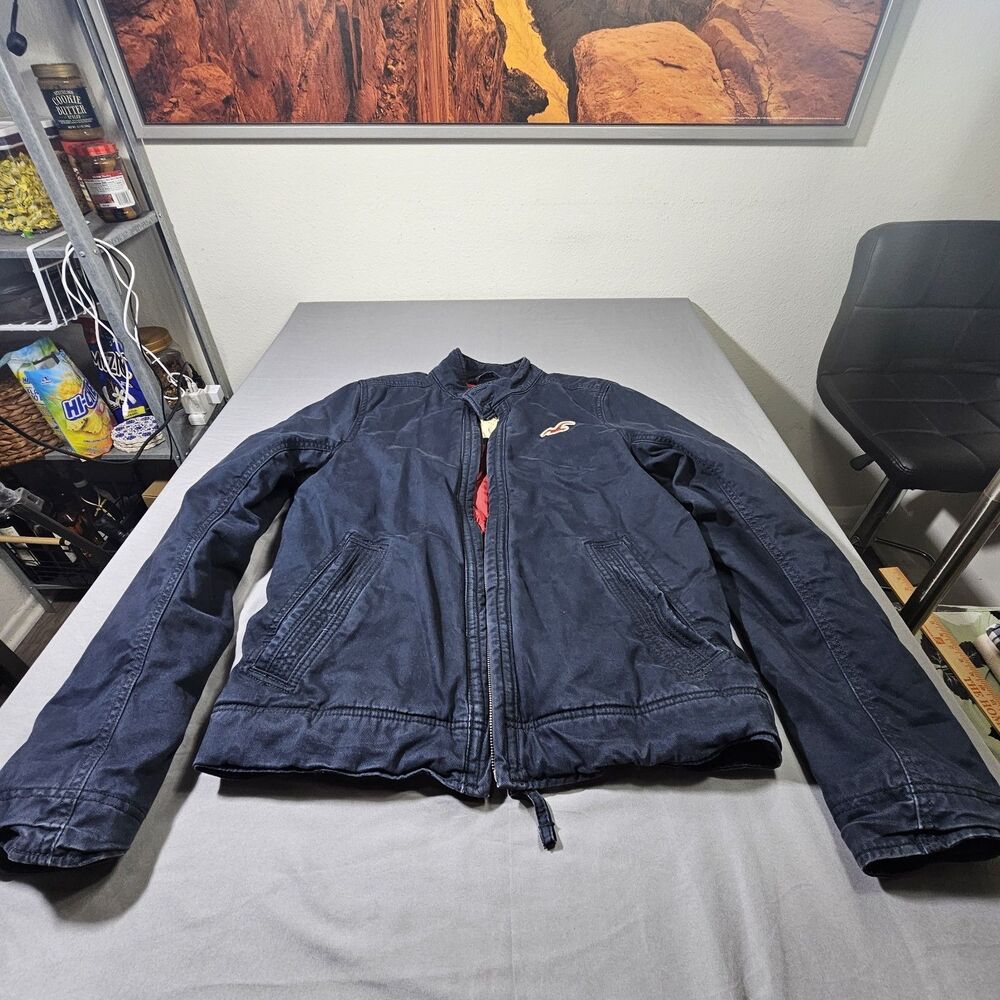 VINTAGE Y2K Hollister Bomber Jacket Mens Large Navy Blue Quilted Red Lining Coat